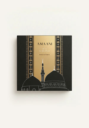 Amaani Oud Al Medinah premium oud bricks gift box with elegant black and gold Islamic packaging inspired by Madinah