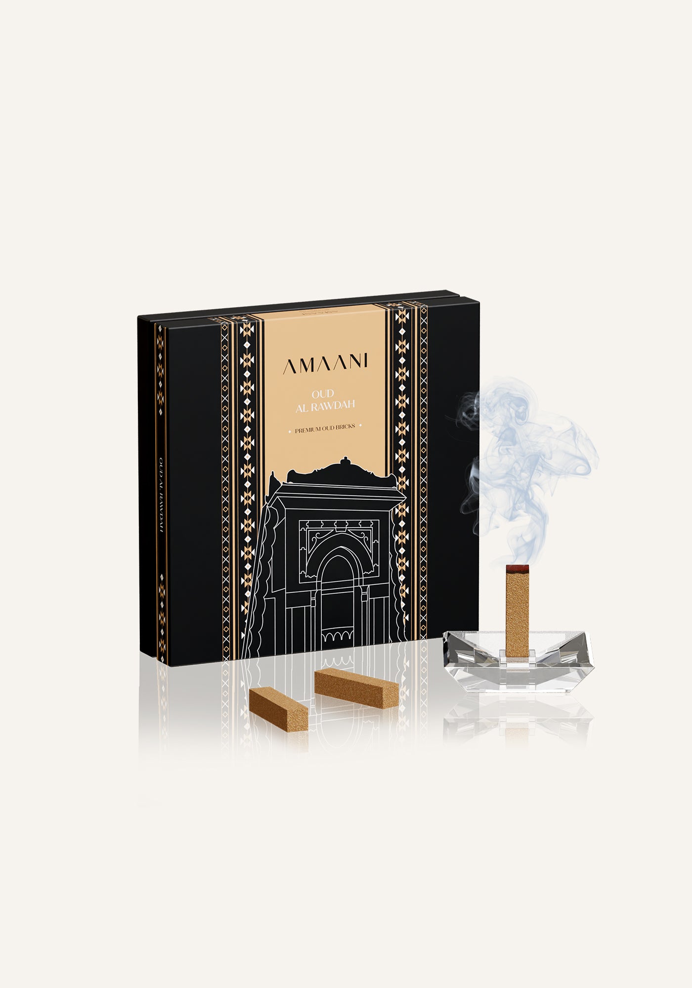Amaani Oud Al Rawdah oud bricks with crystal bakhoor burner and premium presentation box