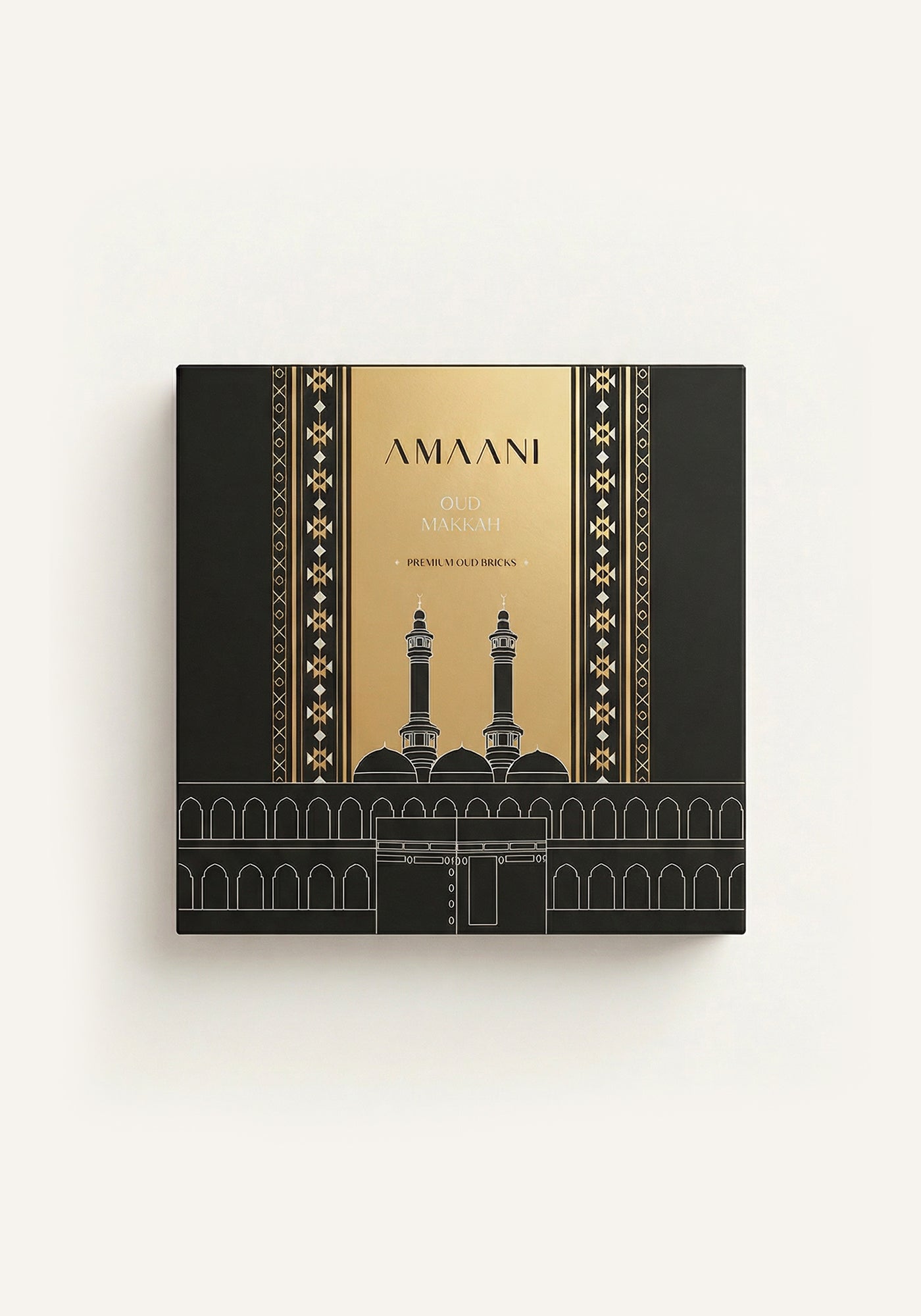 Amaani Oud Makkah premium oud bricks gift box with gold Islamic geometric design inspired by Masjid al-Haram