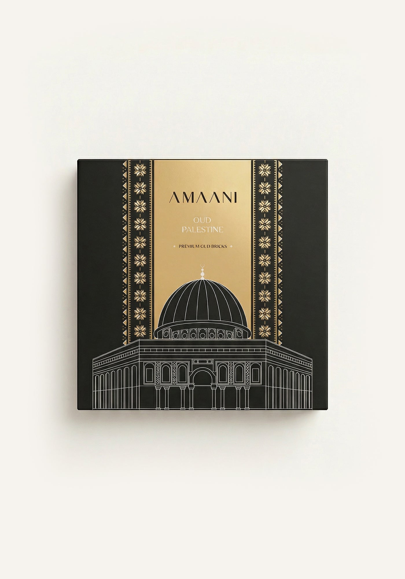 Amaani Oud Palestine premium oud bricks box with black and gold Islamic packaging inspired by Al Aqsa Mosque