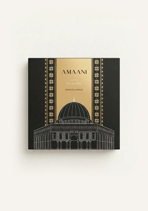 Amaani Oud Palestine premium oud bricks box with black and gold Islamic packaging inspired by Al Aqsa Mosque