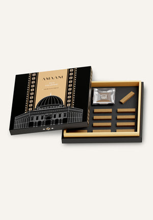Amaani Oud Palestine premium oud bricks packaging showing front and back design with usage instructions