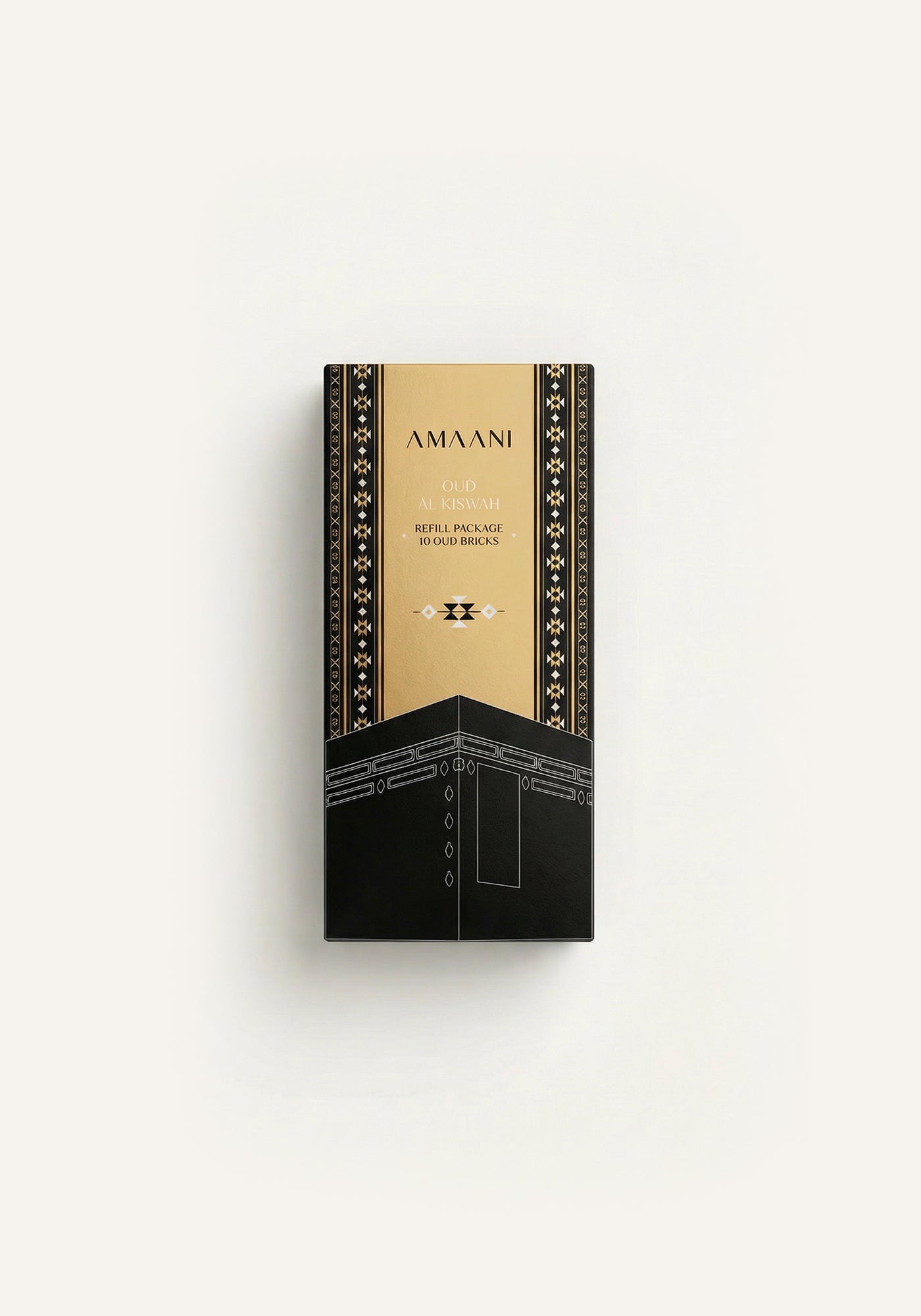 Amaani Oud Al Kiswah bakhoor refill package with black and gold Islamic design, premium oud incense bricks