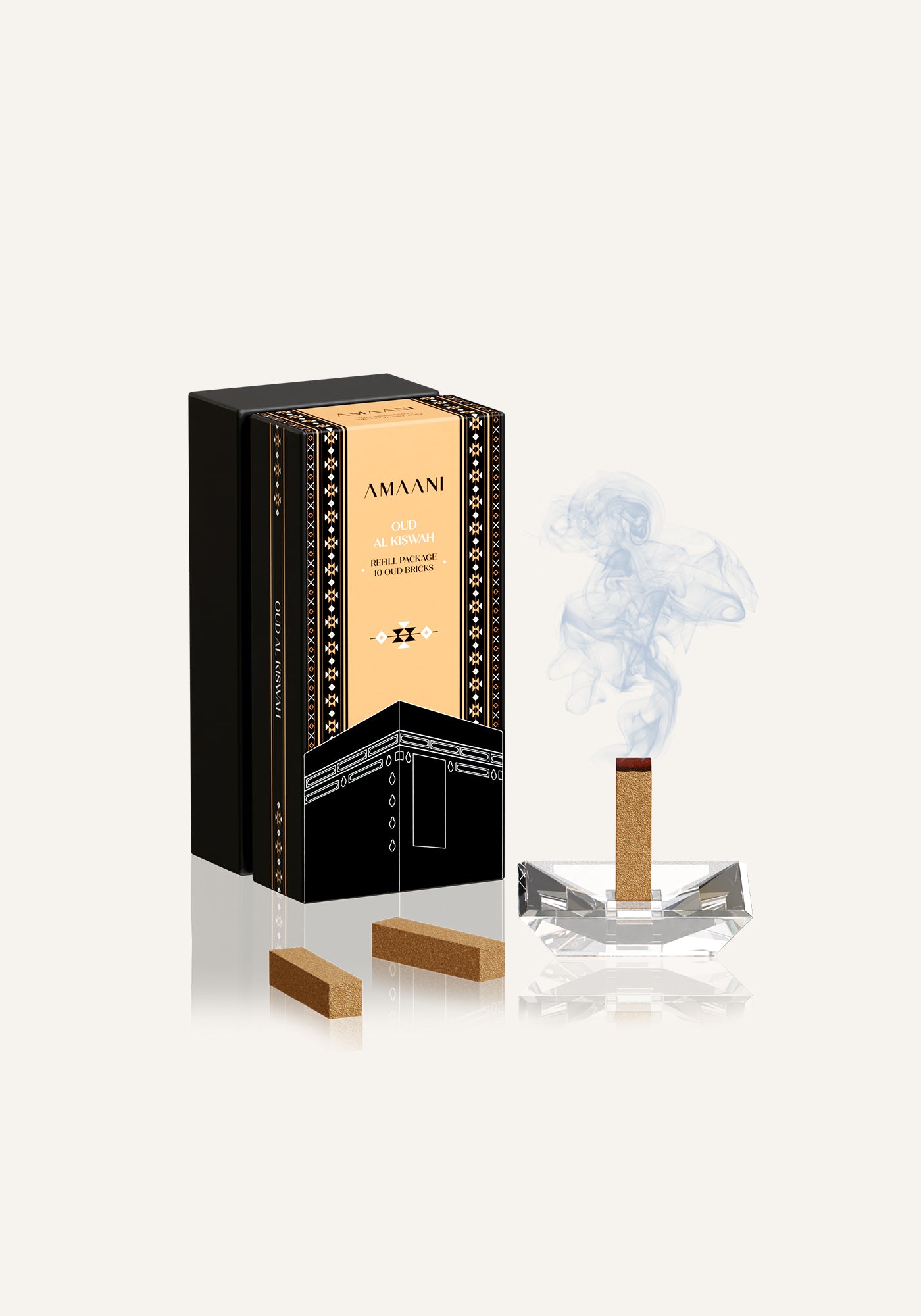Amaani Oud Al Kiswah bakhoor bricks with incense burner releasing smoke, luxury oud fragrance refill