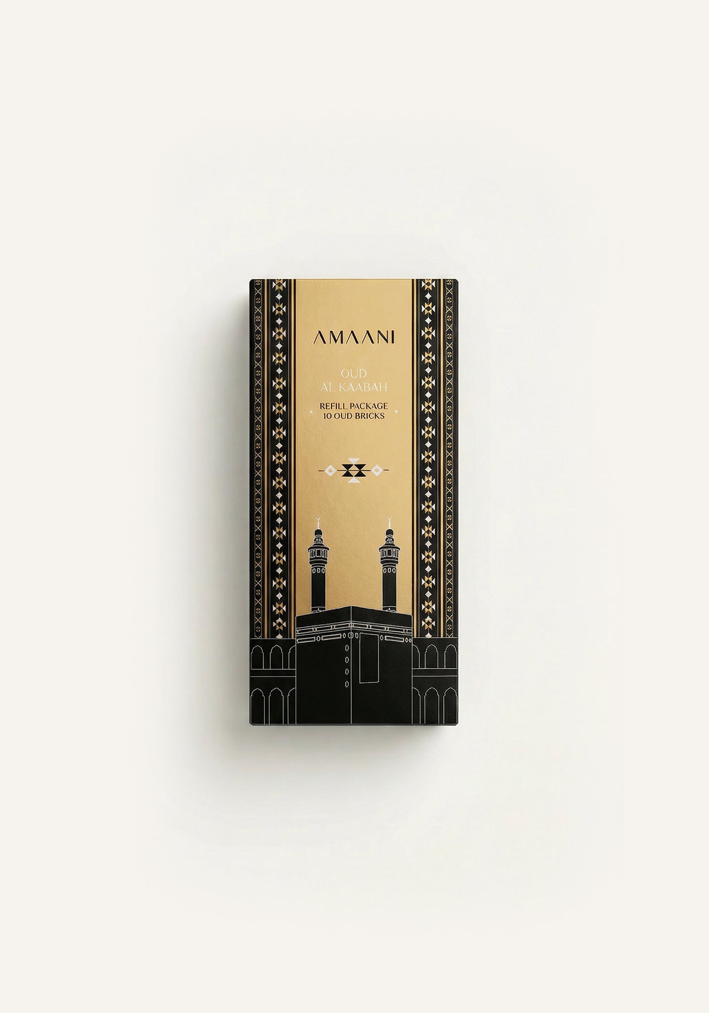 Amaani Oud Al Kaabah oud bricks refill package with black and gold Islamic packaging inspired by the Kaabah