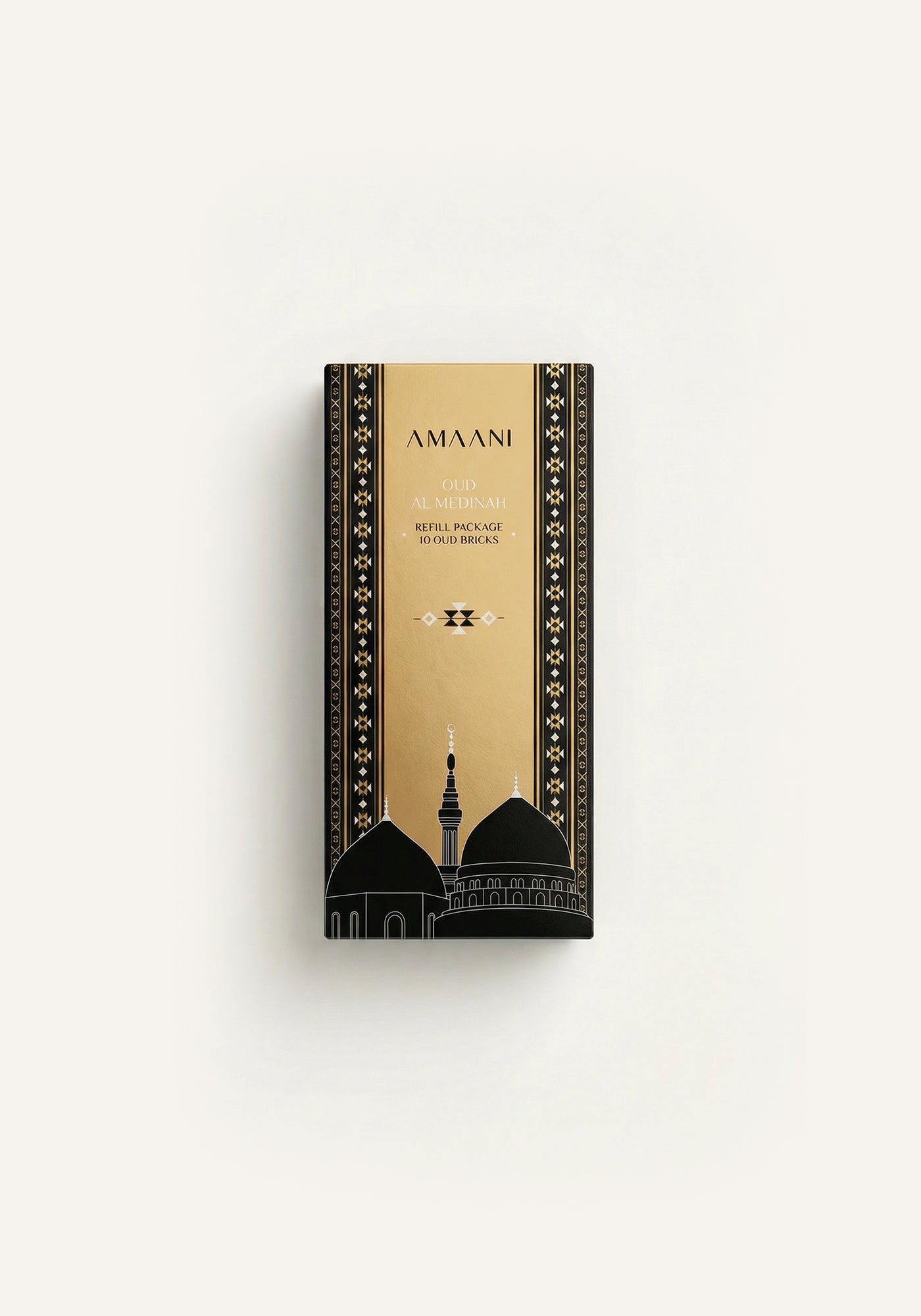 Amaani Oud Al Medinah bakhoor refill package with black and gold Islamic design, premium oud incense bricks