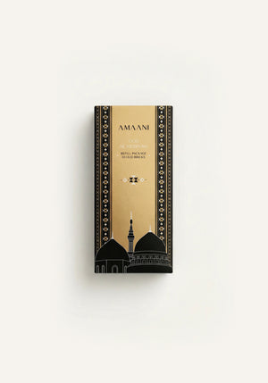 Amaani Oud Al Medinah bakhoor refill package with black and gold Islamic design, premium oud incense bricks