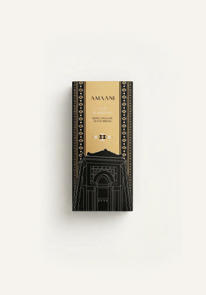 Amaani Oud Al Rawdah oud bricks refill package with premium black and gold Islamic-inspired gift box design