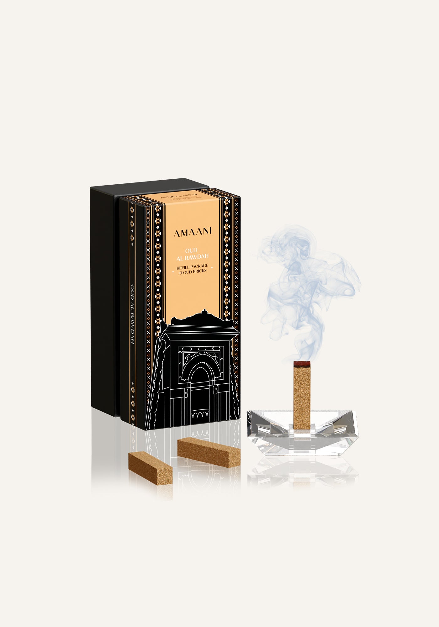 Amaani Oud Al Rawdah oud brick burning on bakhoor burner with soft incense smoke and luxury refill packaging