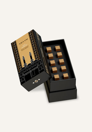Amaani Oud Makkah bakhoor refill box opened to reveal 10 premium oud incense bricks