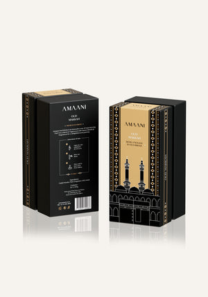 Amaani Oud Makkah bakhoor refill packaging front and back view, premium oud incense bricks