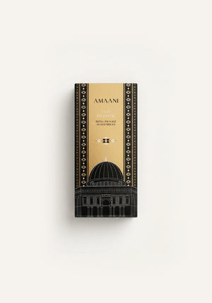 Amaani Oud Palestine bakhoor refill package with gold and black Islamic design, premium oud incense bricks