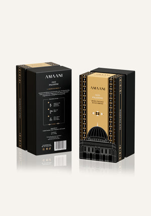 Amaani Oud Palestine bakhoor refill packaging front and back view, premium oud incense bricks