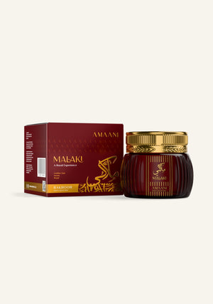 Amaani Malaki Bakhoor Gold Collection 50g box with bakhoor jar
