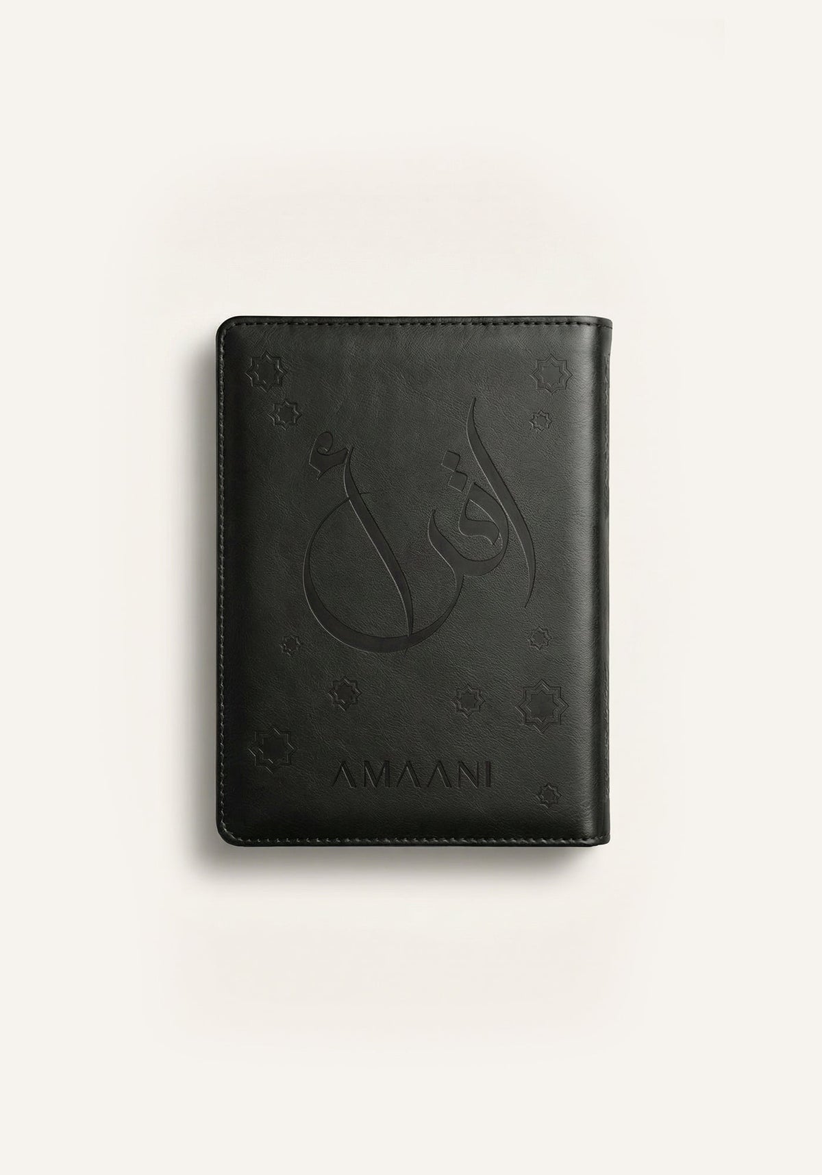 Amaani black leather Quran cover with embossed Arabic calligraphy design