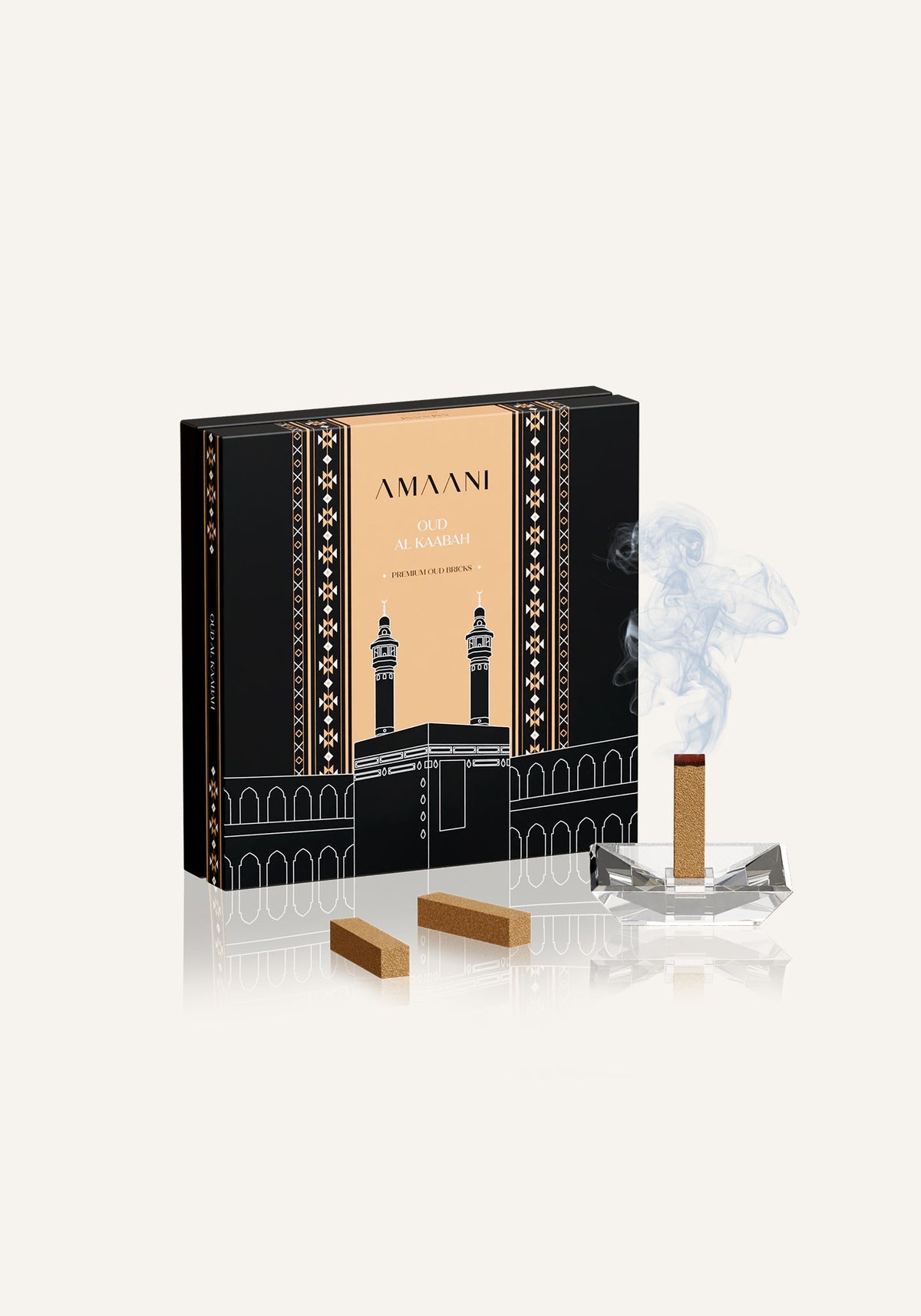 Amaani Oud Al Kaabah oud bricks with a lit brick