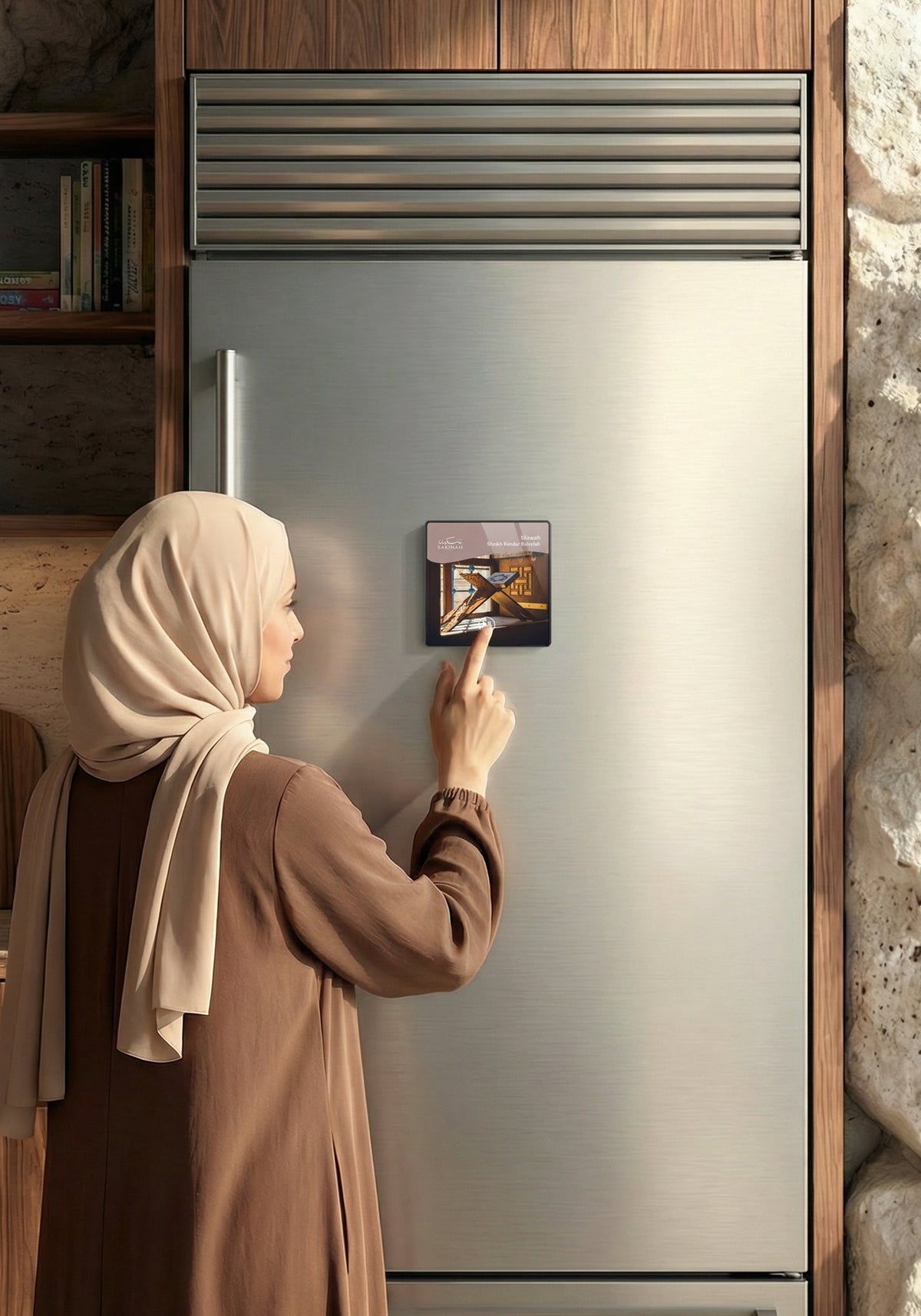 Woman tapping a Tilawah Quran magnet on a fridge door