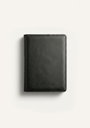 Back view of Amaani black leather Quran cover with smooth stitched finish