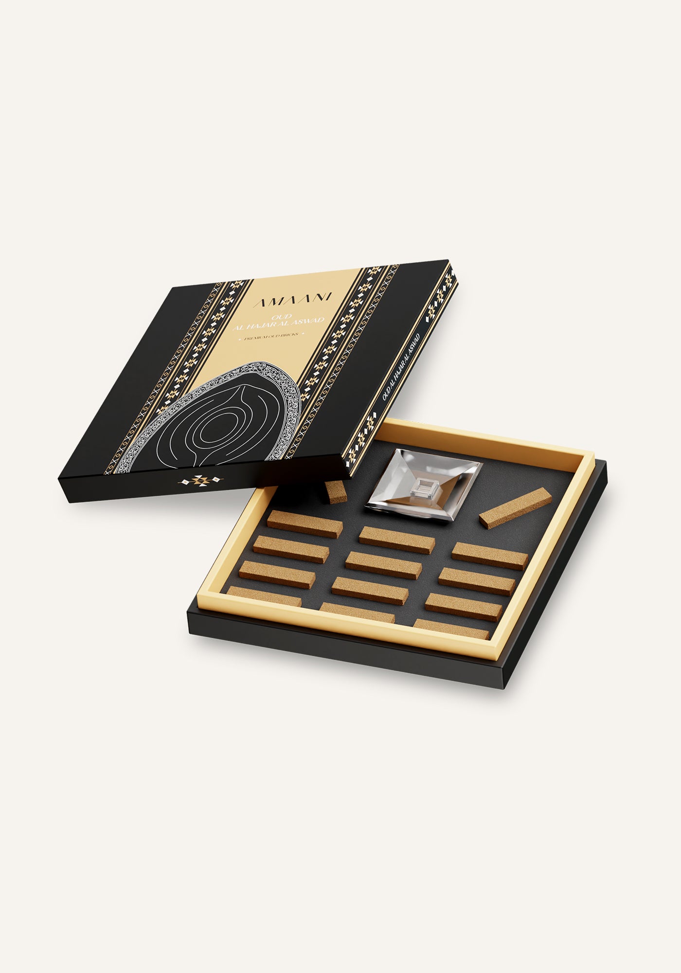 Amaani Oud Al Hajar Al Aswad premium oud bricks gift set open box