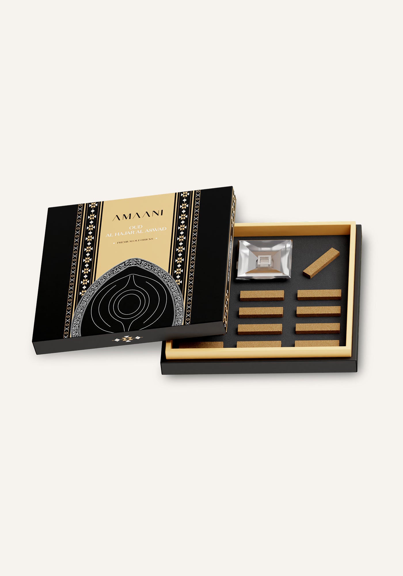 Amaani Oud Bricks Oud Al Hajar Al Aswad inside box view, charcoal-free bakhoor South Africa