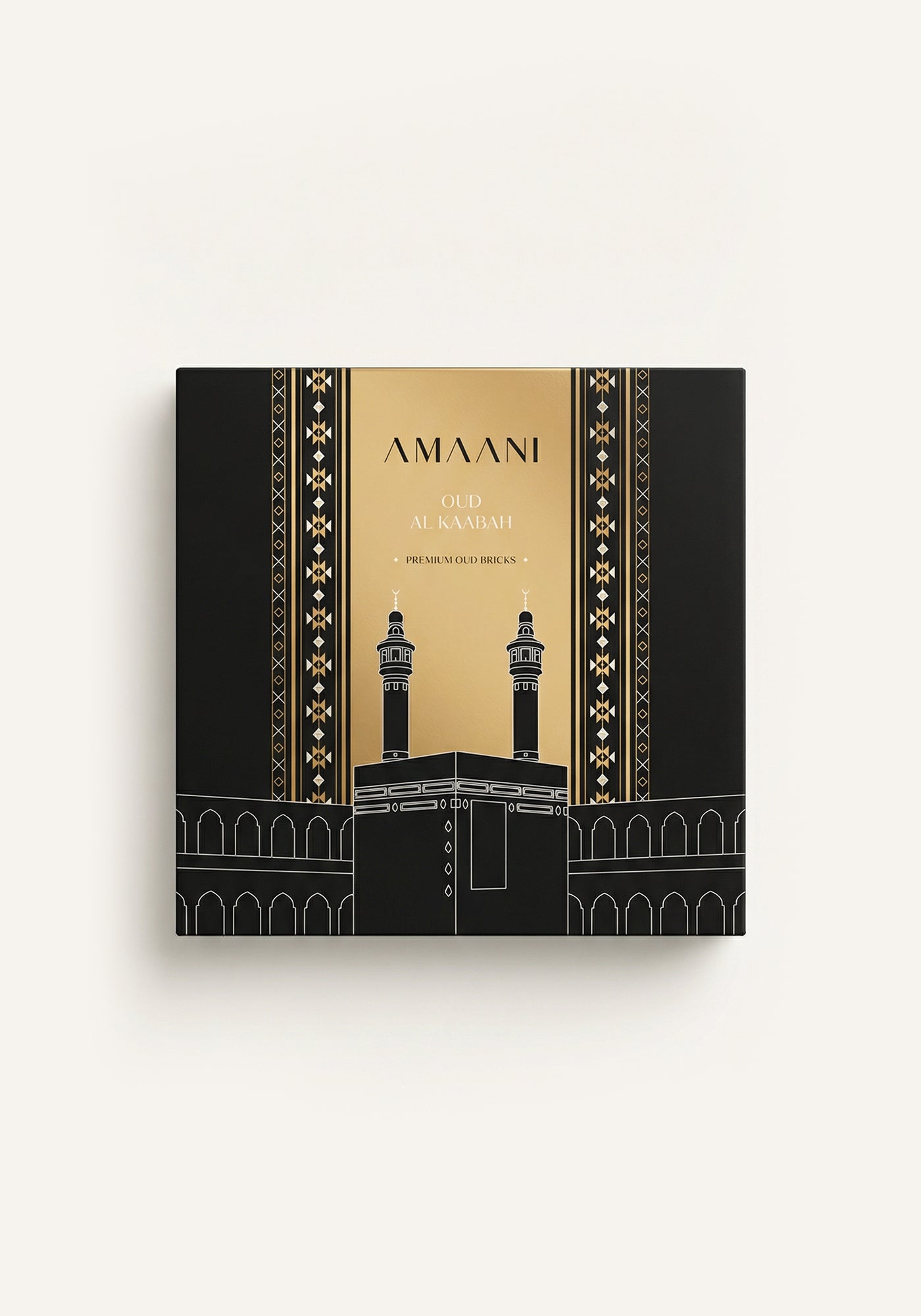 Amaani Oud Al Kaabah premium oud bricks gift box with Kaabah-inspired black and gold Islamic design