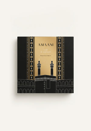 Amaani Oud Al Kaabah premium oud bricks gift box with Kaabah-inspired black and gold Islamic design