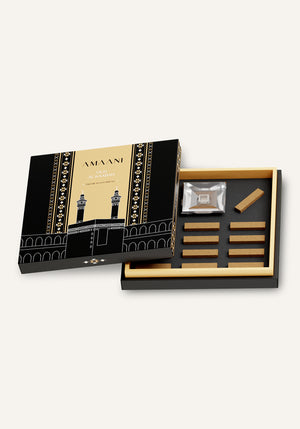 Amaani Oud Al Kaabah premium oud bricks set presented in Kaabah-inspired Islamic gift packaging