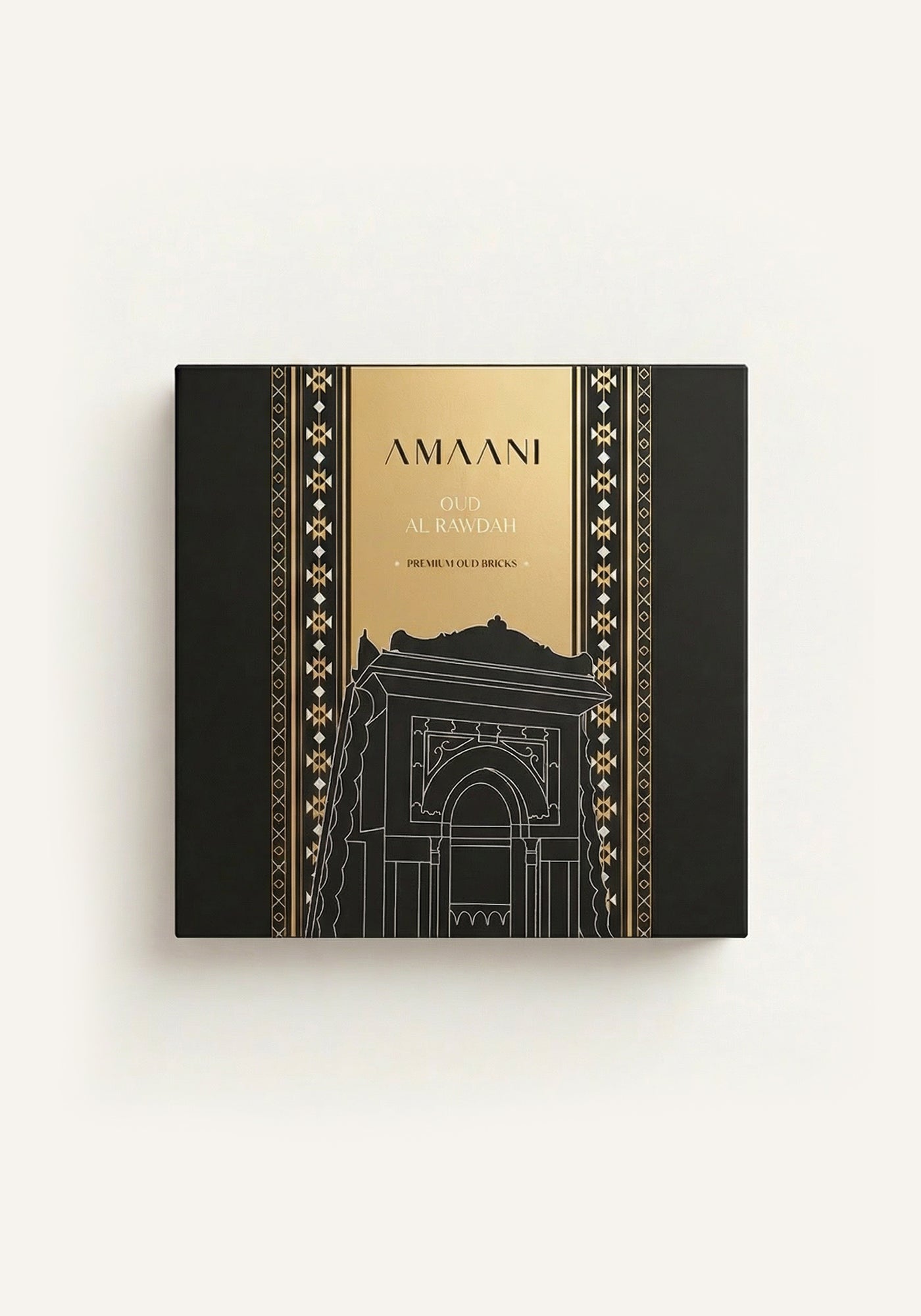 Amaani Oud Al Rawdah premium oud bricks gift box with Islamic architectural design