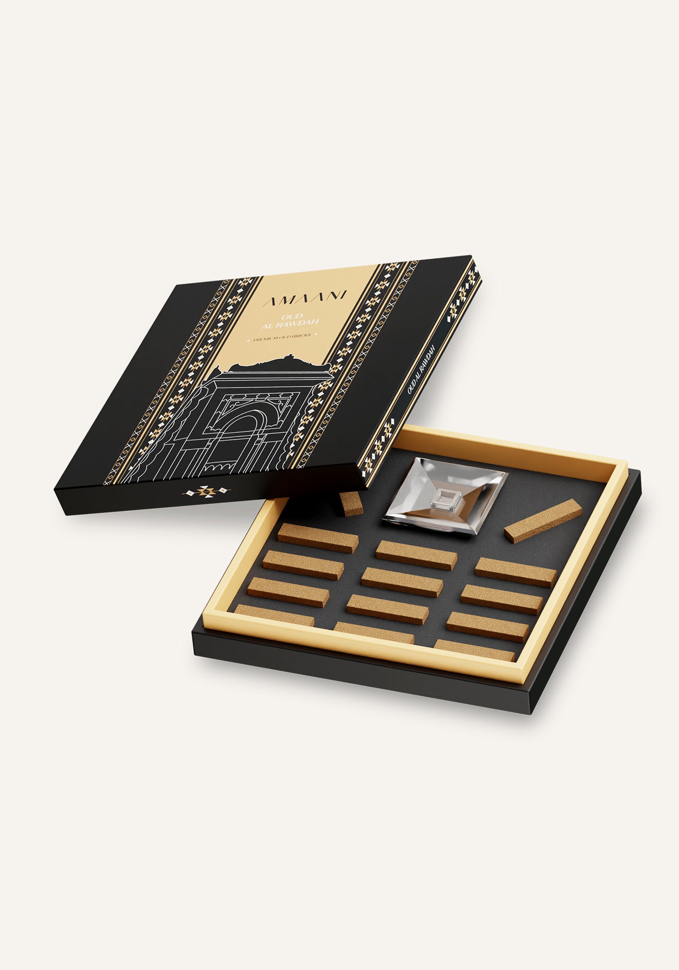 Amaani Oud Al Rawdah premium oud bricks arranged inside luxury gift box