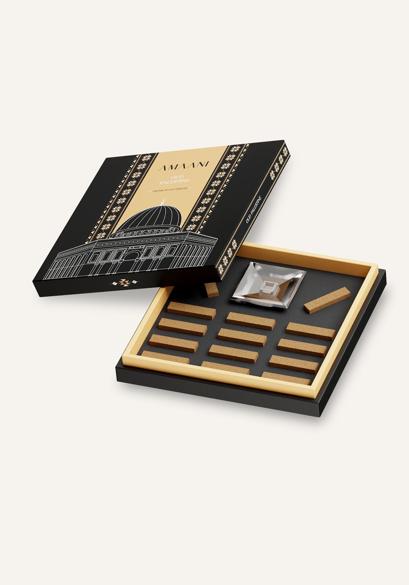Amaani Oud Palestine premium oud bricks gift box opened to reveal incense bricks and crystal bakhoor holder