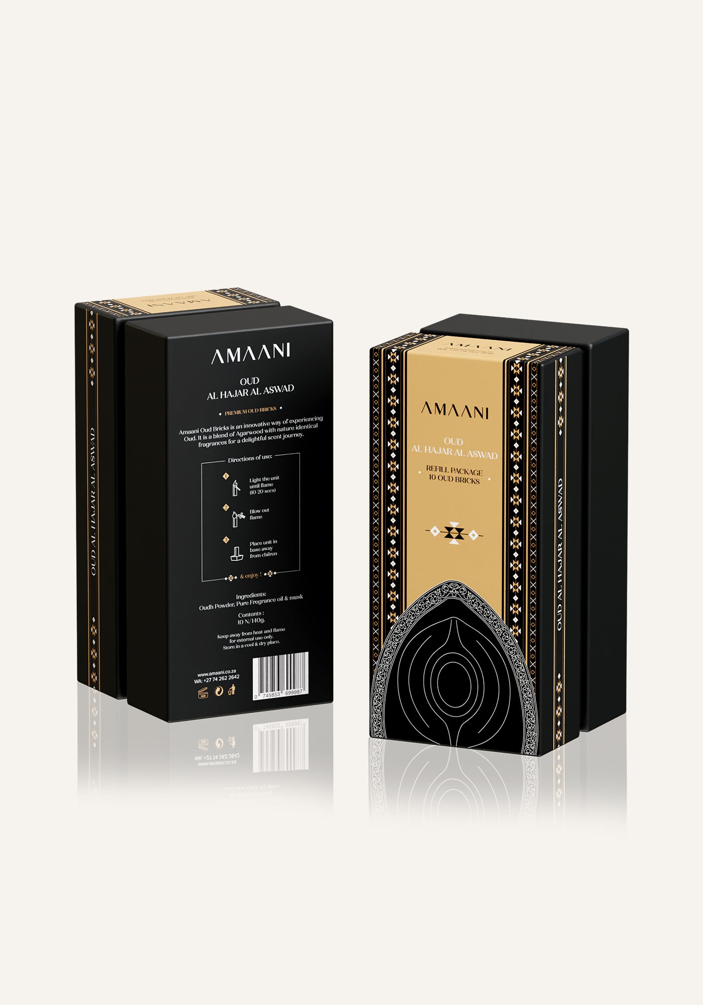 Amaani Oud Al Hajar Al Aswad oud bricks refill packaging showing front and back design with usage instructions