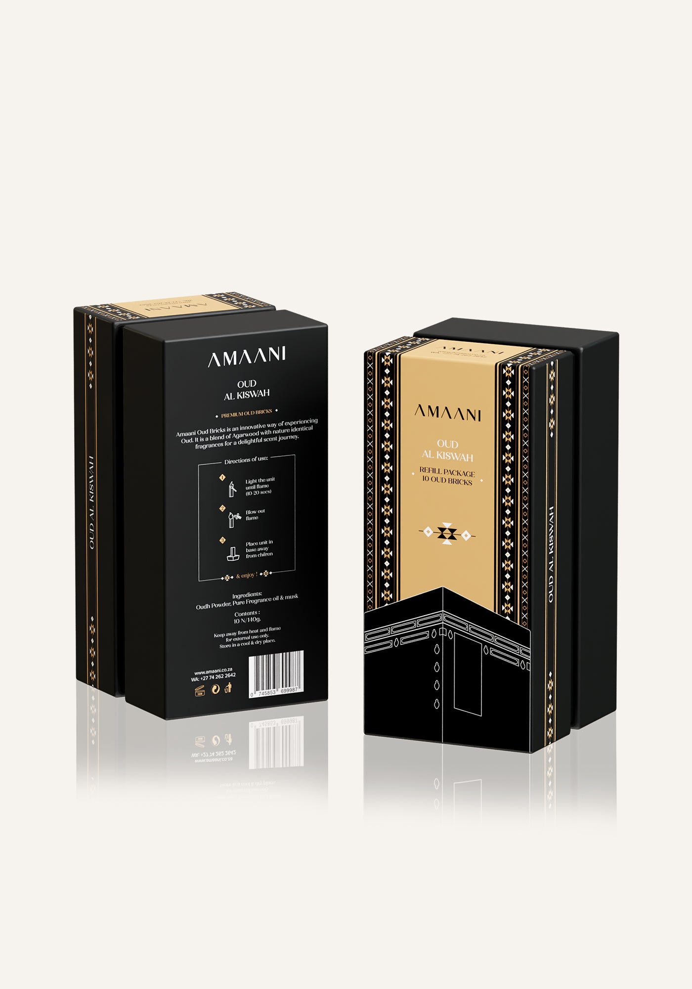 Amaani Oud Al Kiswah bakhoor refill packaging front and back view, premium oud incense bricks