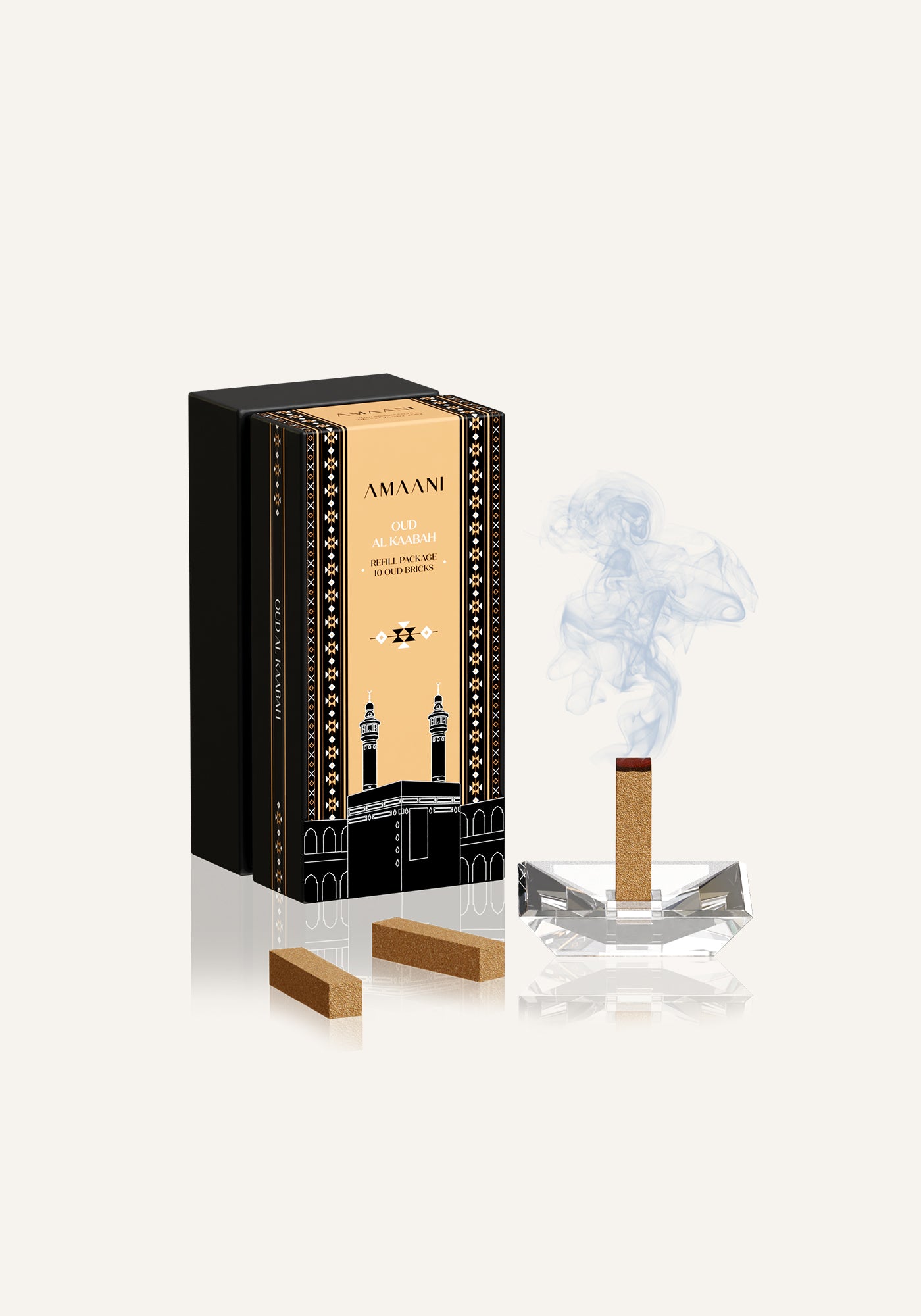Amaani Oud Al Kaabah oud brick burning on crystal bakhoor burner with soft smoke and luxury Islamic packaging