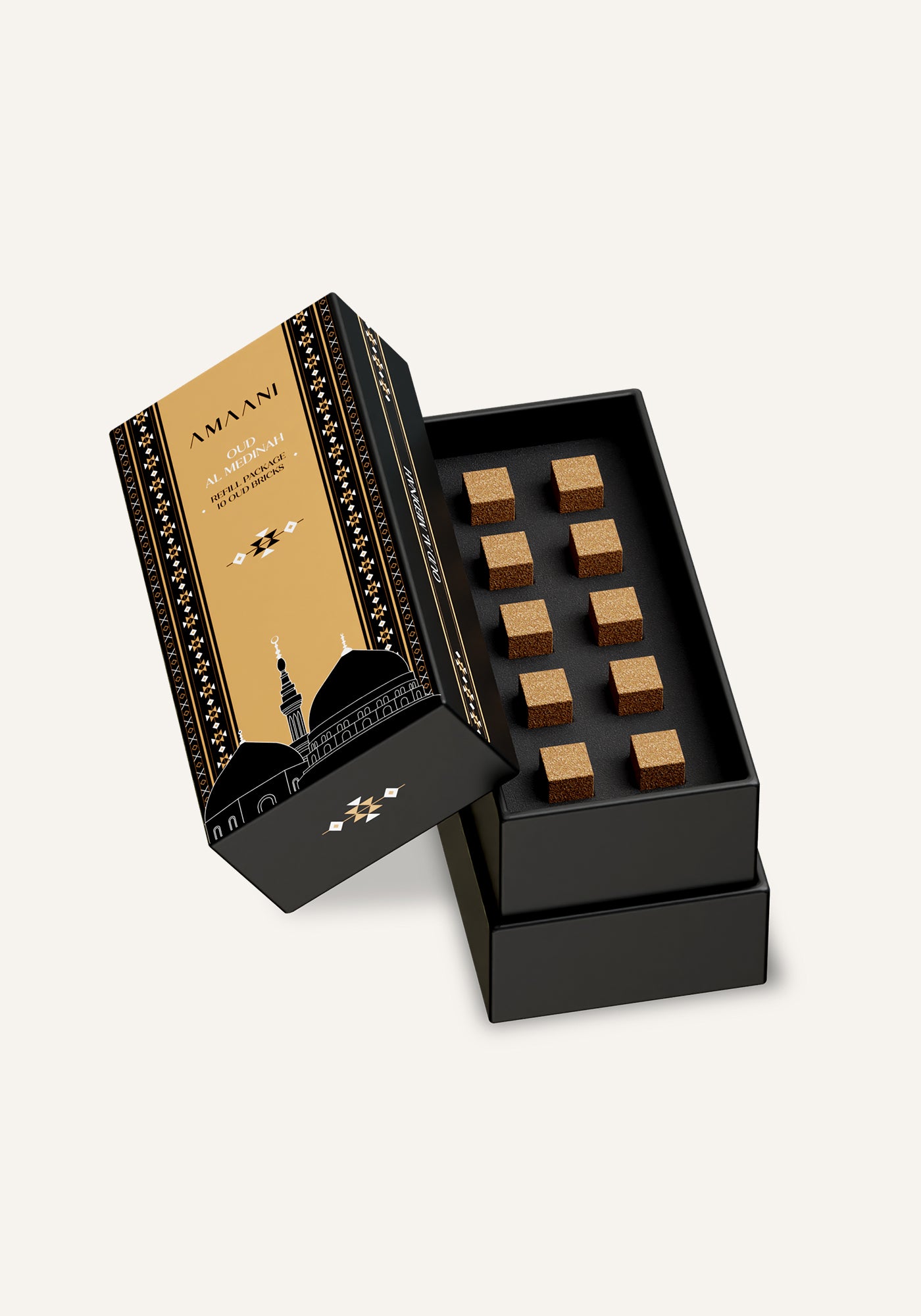 Amaani Oud Al Medinah bakhoor refill package with black and gold Islamic design, premium oud incense bricks