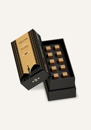 Amaani Oud Al Medinah bakhoor refill package with black and gold Islamic design, premium oud incense bricks