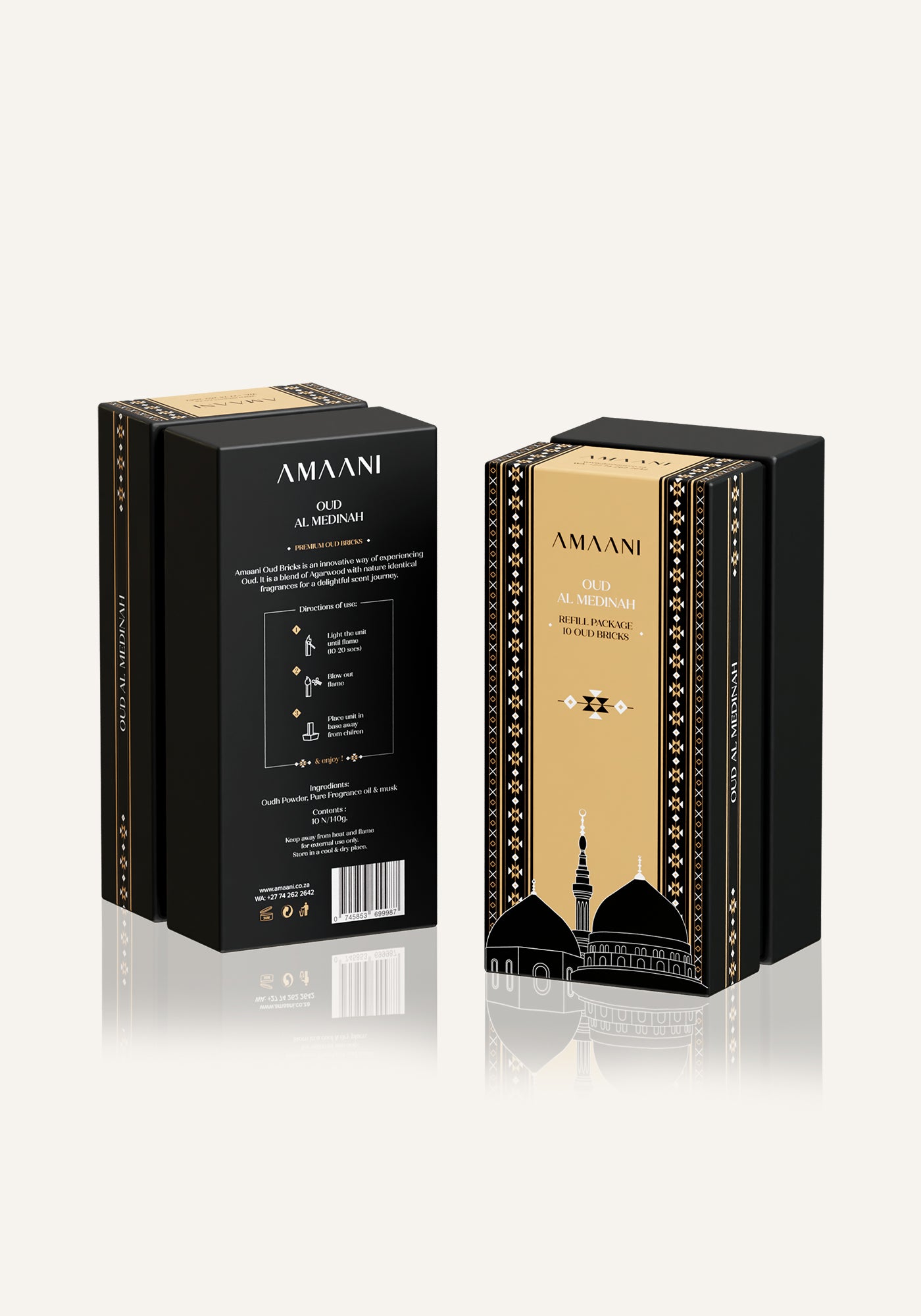 Amaani Oud Al Medinah bakhoor refill packaging front and back view, premium oud incense bricks