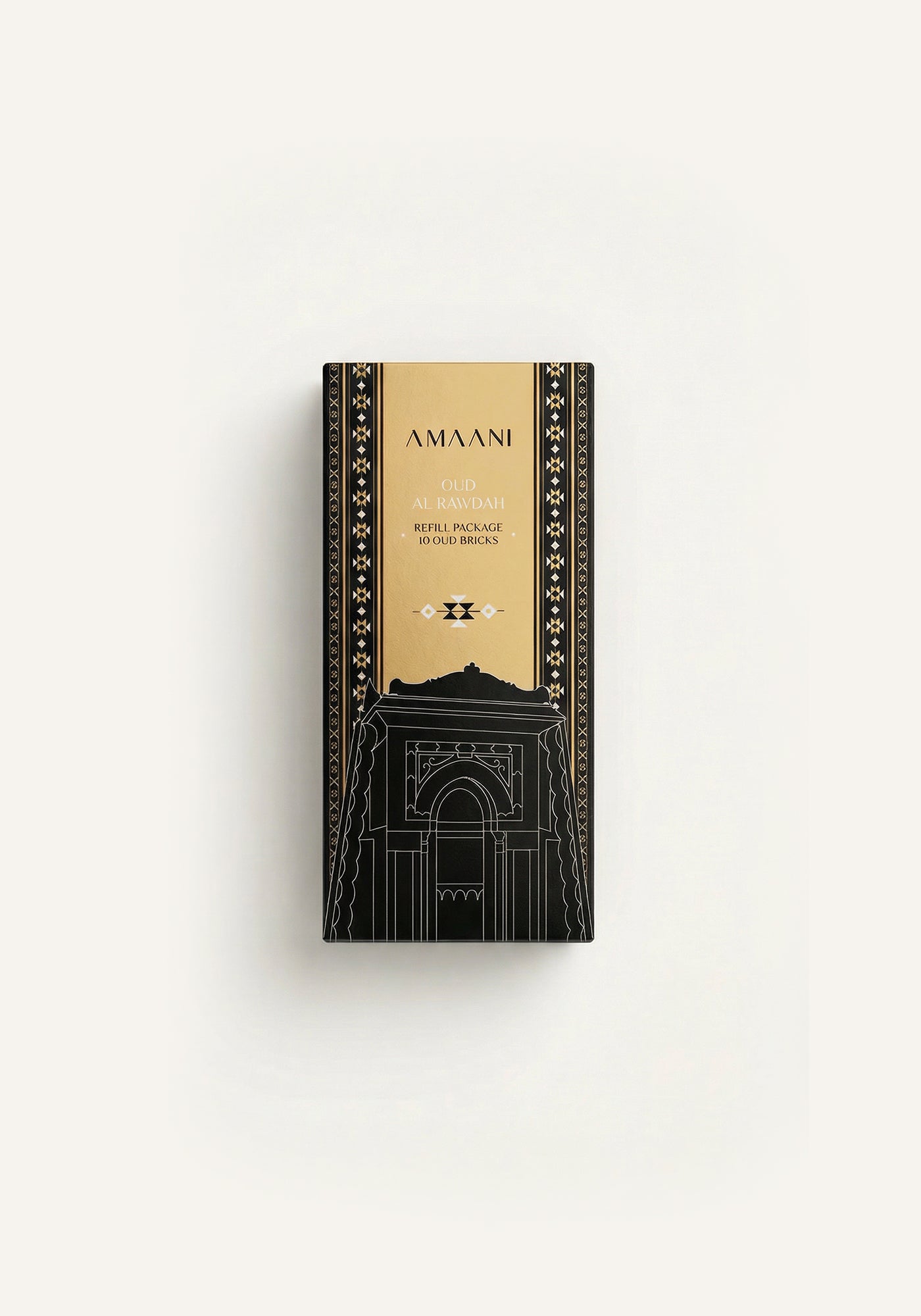 Amaani Oud Al Rawdah oud bricks refill package with premium black and gold Islamic-inspired gift box design