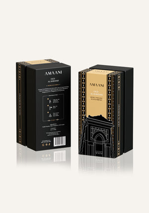 Amaani Oud Al Rawdah oud bricks refill package showing front and back of luxury Islamic gift box