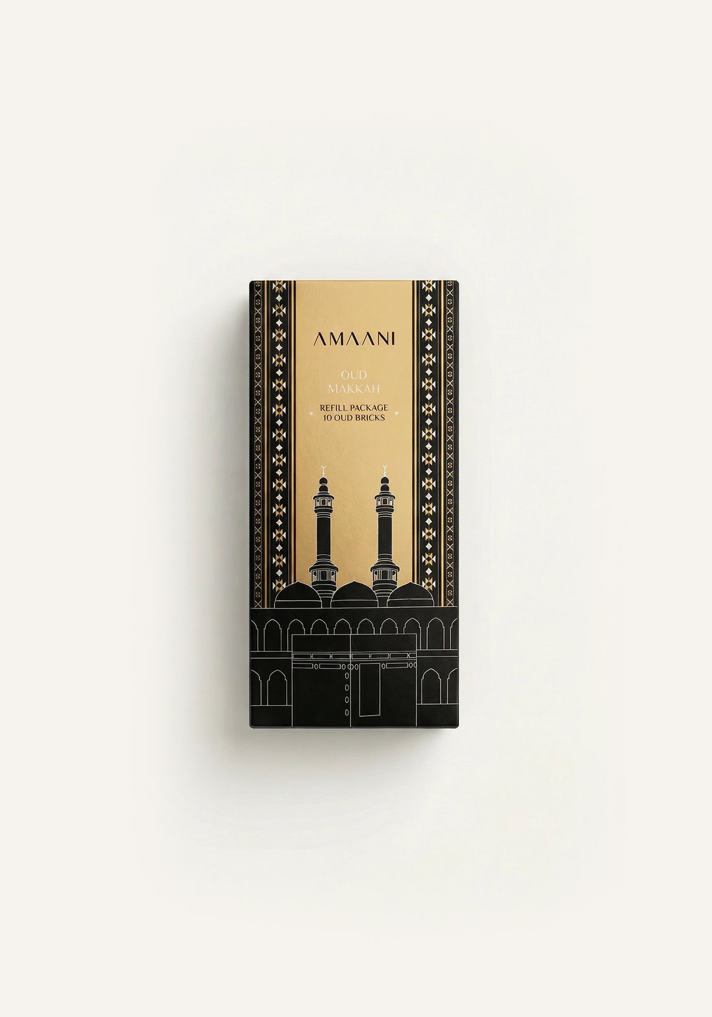 Amaani Oud Makkah bakhoor refill package with black and gold Islamic design, premium oud incense bricks