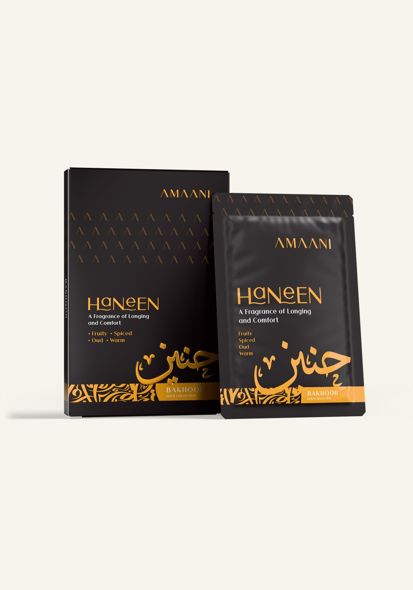 Amaani Haneen Bakhoor Gold Collection 15g box with bakhoor sachet