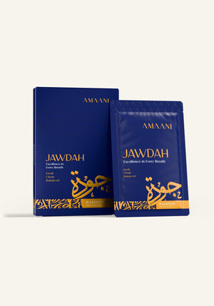 Amaani Jawdah Bakhoor Gold Collection 15g box with bakhoor sachet