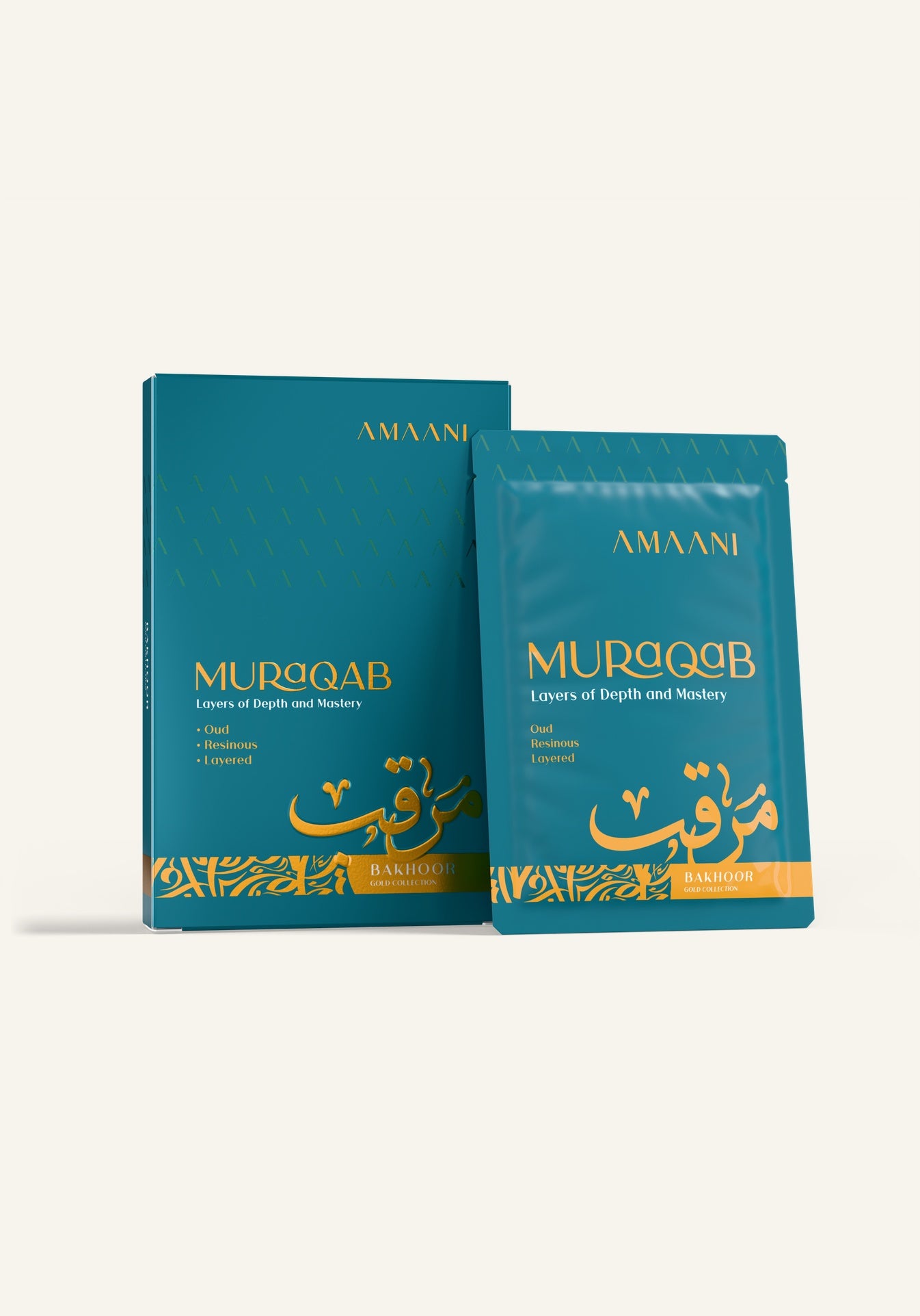 Amaani Muraqab Bakhoor Gold Collection 15g box with bakhoor sachet
