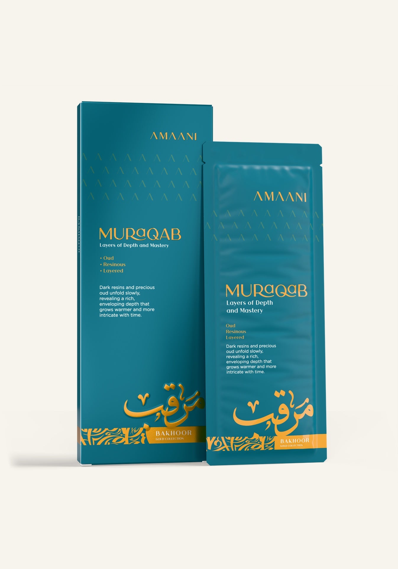 Amaani Muraqab Bakhoor Gold Collection 30g box with bakhoor sachet