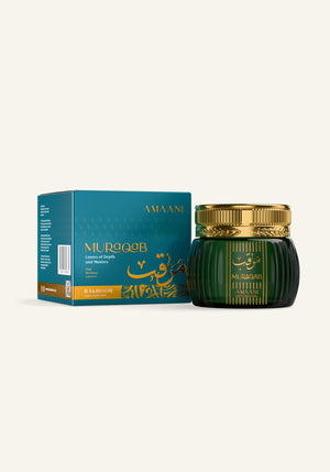 Amaani Muraqab Bakhoor Gold Collection 50g box with bakhoor jar
