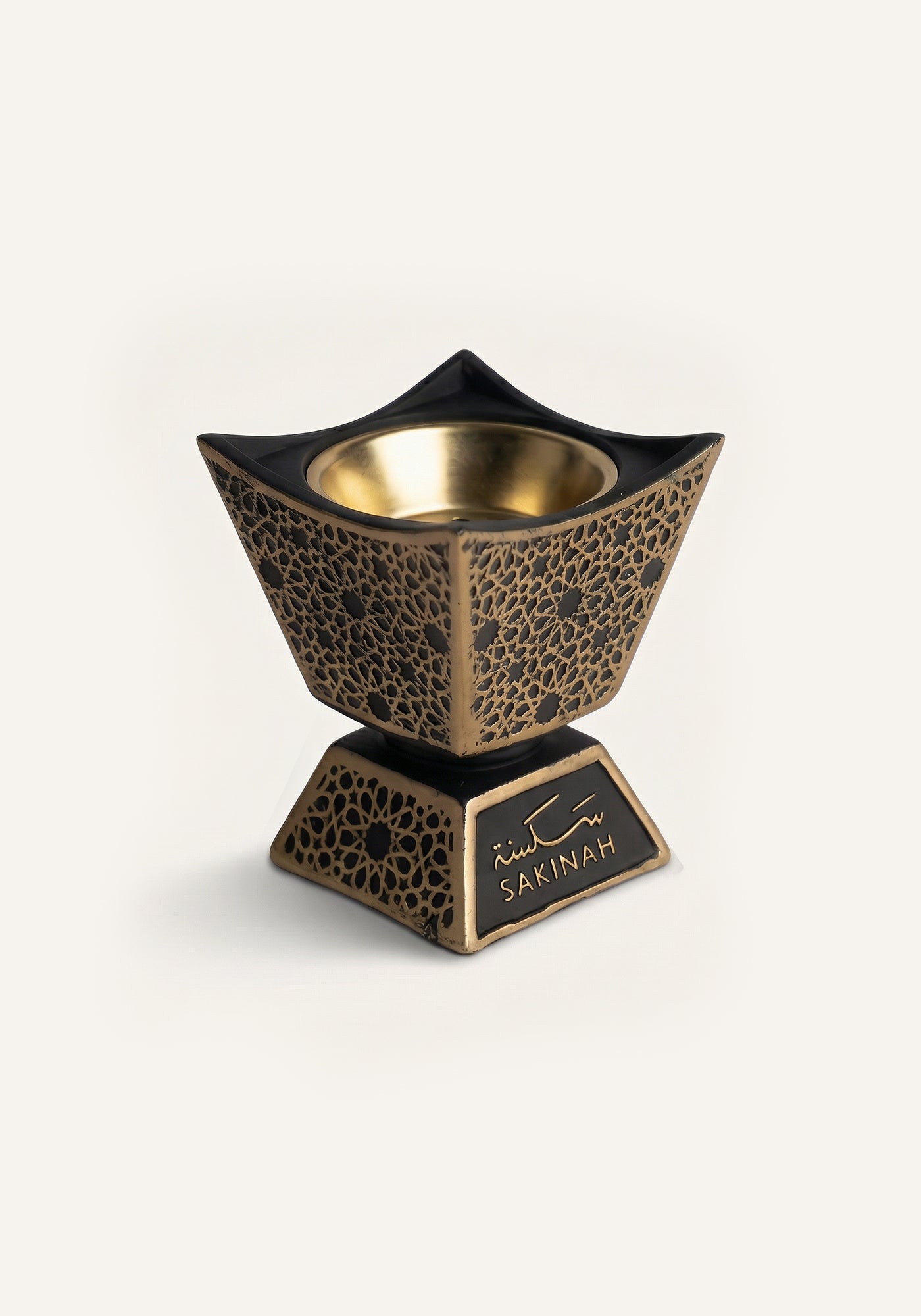 Qasr Bakhoor Burner by Sakinah in black with gold interior bowl, luxury Islamic home fragrance burner