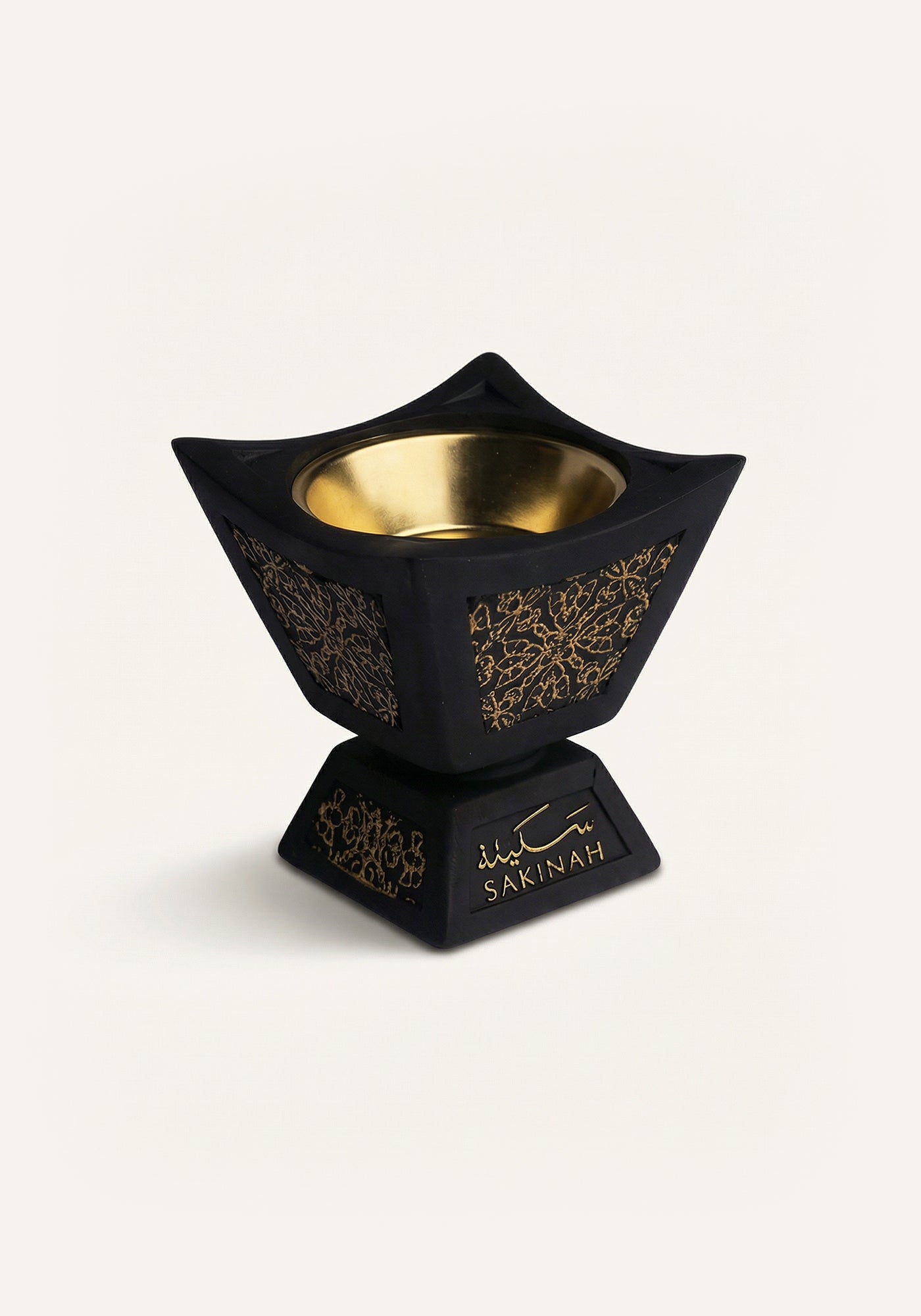 Hijaz Bakhoor Burner by Sakinah in black with gold interior bowl, luxury Islamic home fragrance burner