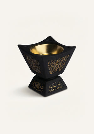 Hijaz Bakhoor Burner by Sakinah in black with gold interior bowl, luxury Islamic home fragrance burner