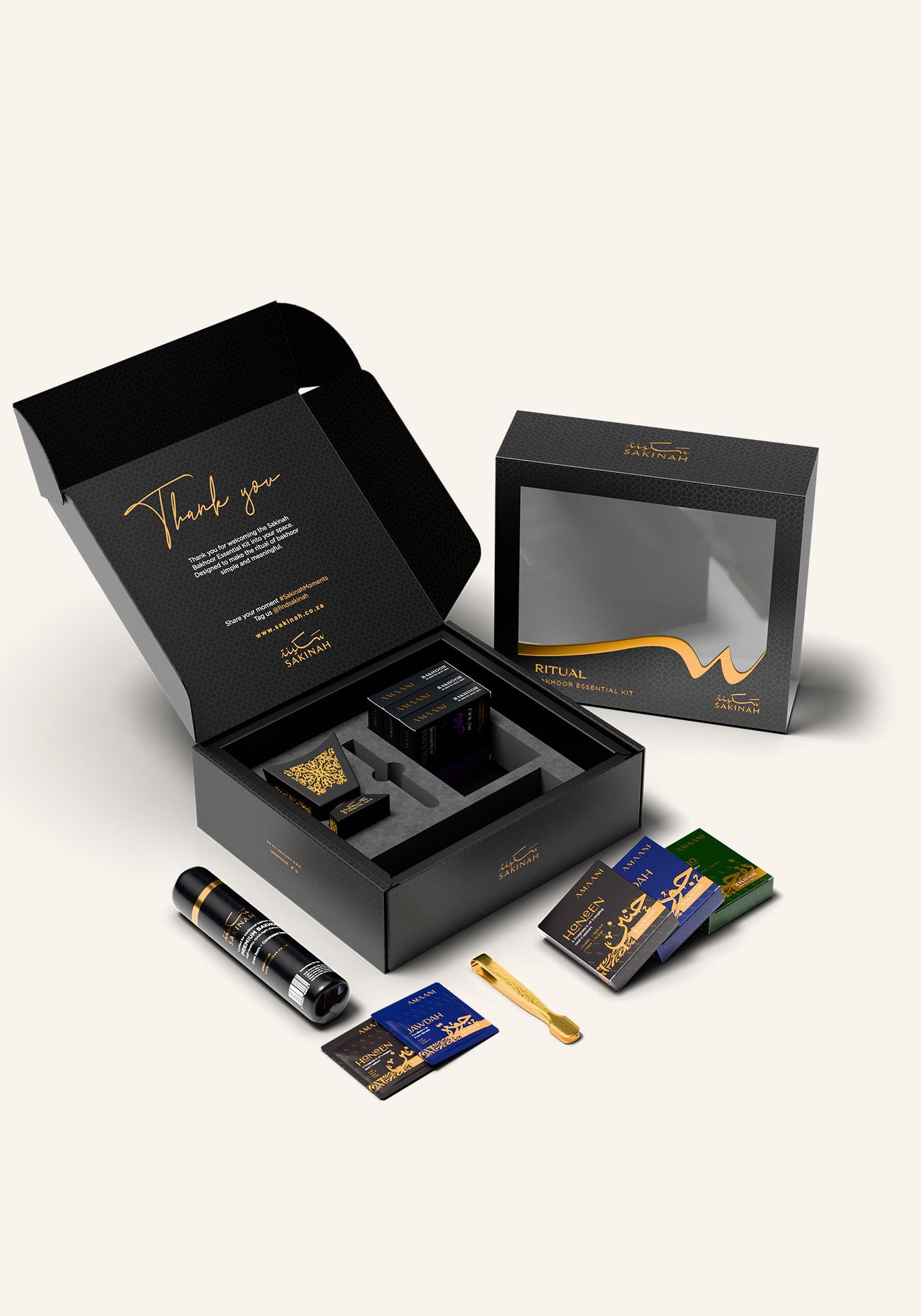 Unboxed black Hijaz bakhoor gift set with Sakinah thank you card, burner, premium charcoal, gold tongs and Amaani bakhoor samples, an ideal bakhoor gift for Eid or Nikah in South Africa