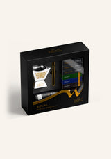 Sakinah Ritual Bakhoor Set - Hijaz in white, a white and gold bakhoor burner with six Amaani bakhoor samples, charcoal and gold tongs in a premium Sakinah gift box