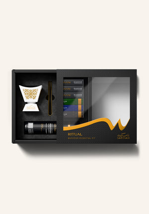 Open Sakinah Ritual Bakhoor Set - Hijaz gift box in white revealing the bakhoor burner, gold tongs and Sakinah premium charcoal, a ready to give Islamic gift